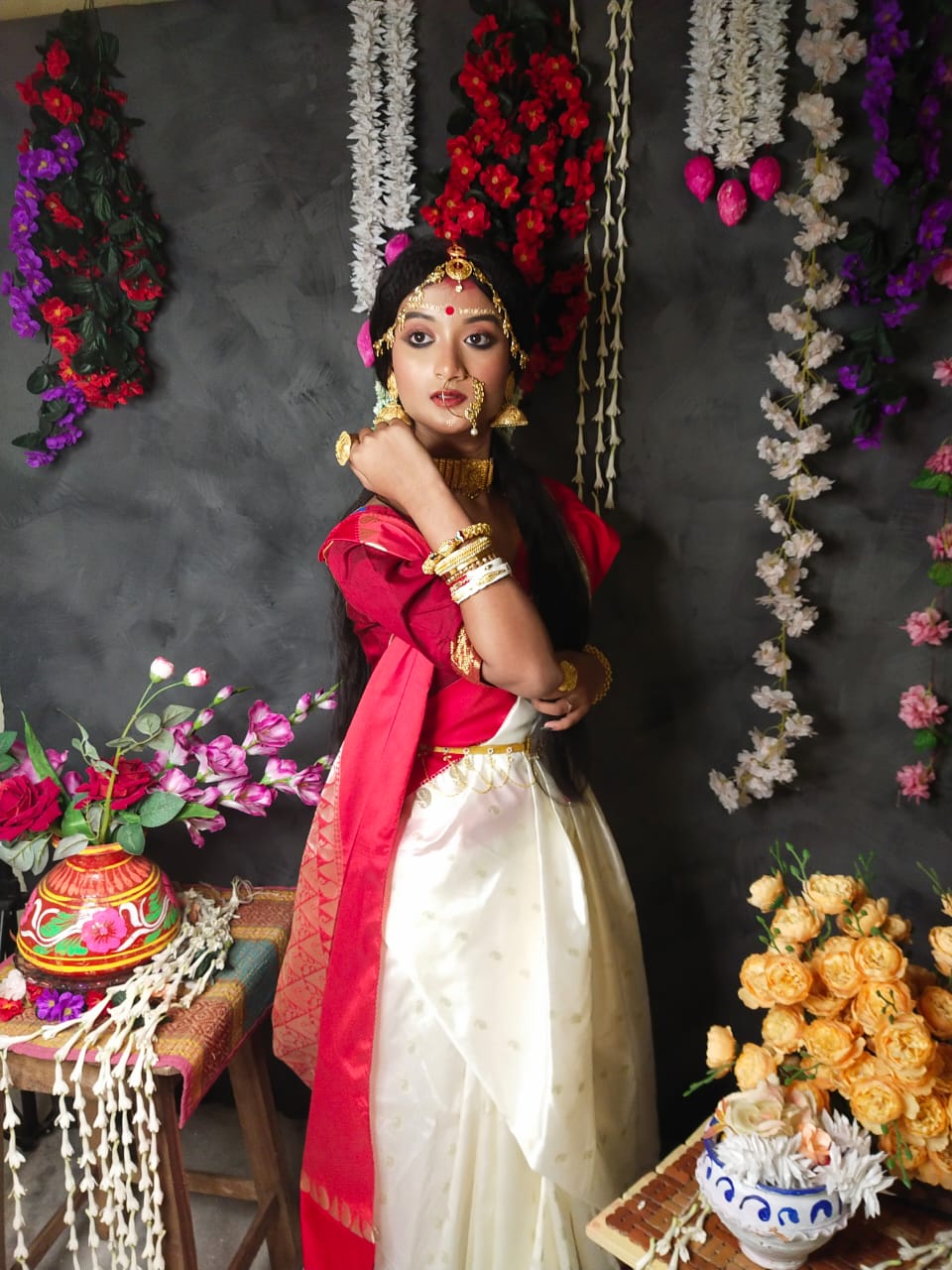Red & White saree cotton fabric